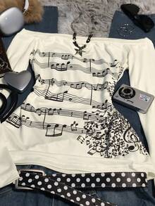 Glimmora 女士复古露肩长袖修身T恤，饰有音符印花，时尚百变，复古Y2K风格，质感面料，姐妹礼物，返校季服装，节日礼物 - 彩色 - 查看 3