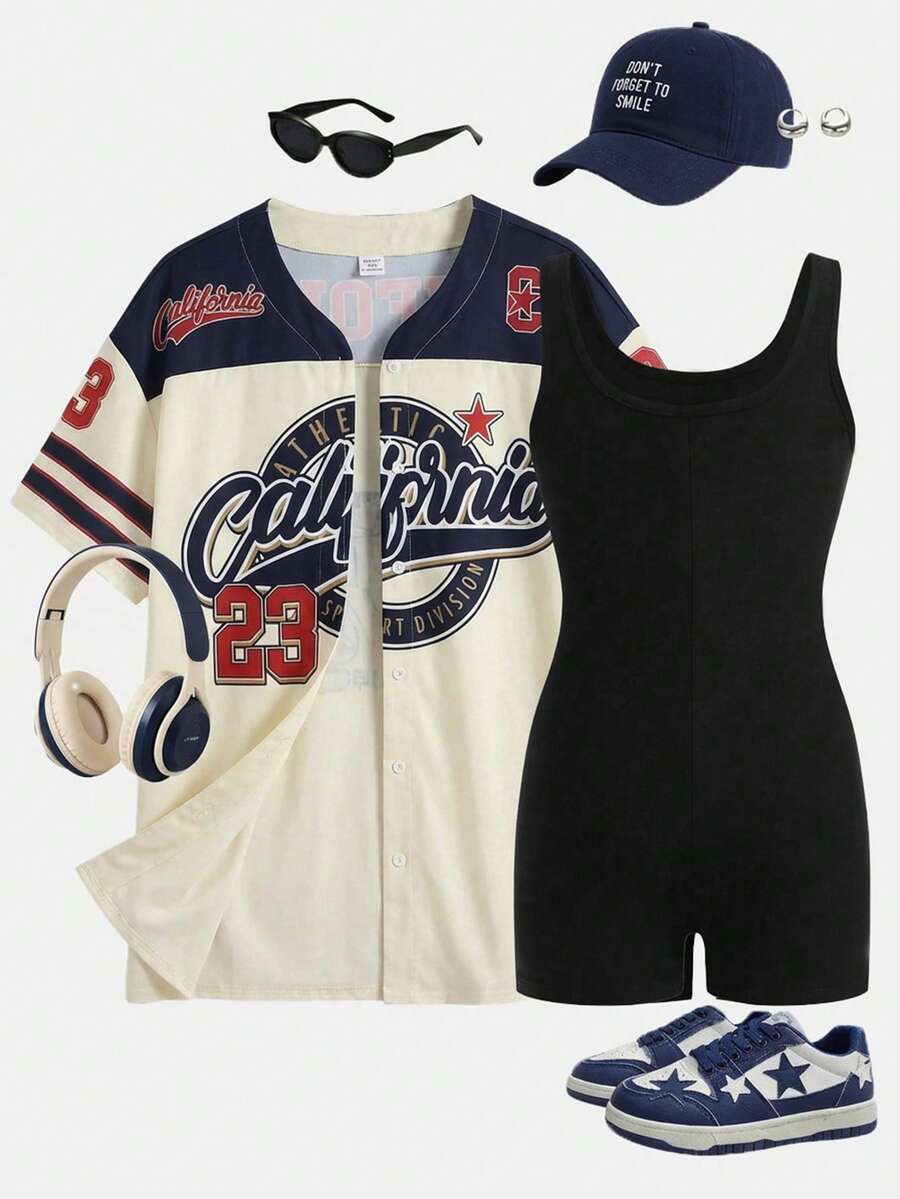 SHEIN Girlism Tween Girls' Loose Casual Minimalist Comfortable Versatile Collared Sleeveless Jumpsuit 2 Pieces Set - Multicolor - View 1