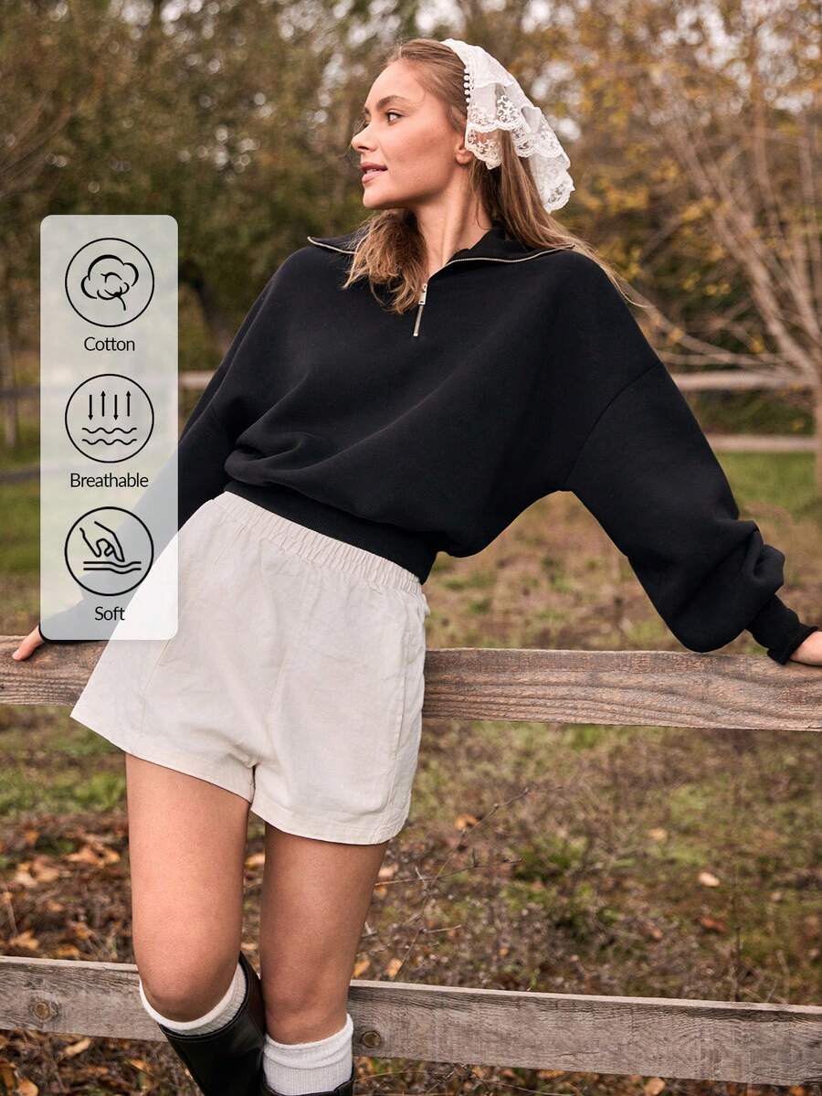 Cloudara 100% Cotton Collar With Zipper Pattern Oversize Sweatshirt - Black - View 1
