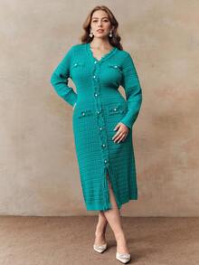 Anewsta Peacock Green Fitted Long Sleeve Sweater Dress, Plus Size - Green - View 7