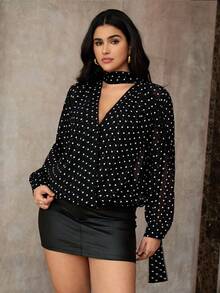SHEIN Tall CURVE Áo kiểu chấm bi bằng vải chiffon cỡ lớn, thanh lịch, thoải mái, đa năng, thích hợp cho mùa xuân/hè. - màu đen - Xem 4