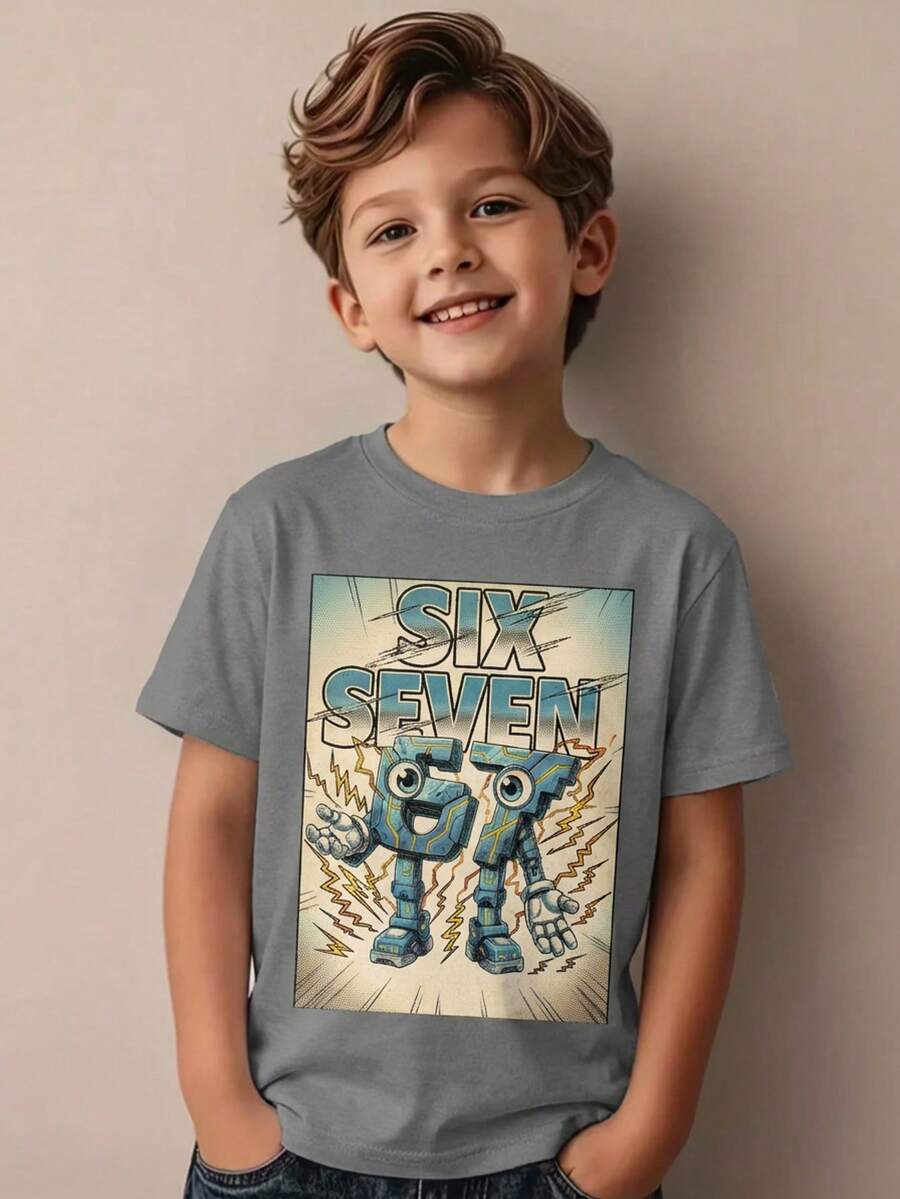 Playera para niño estilo urbano con estampado de cómic algodón suave corte holgado manga corta verano uso escolar y al aire libre playera - Gris - Ver 1