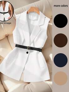 SHEIN PETITE Petite Women Minimalist Sleeveless Commuter Vest Blazer - White - View 6