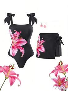 Swim Oasis 女士黑色蝴蝶结花卉不对称半身裙连体泳衣，时尚休闲度假装，适合春、夏、秋、冬四季穿着。 - 彩色 - 查看 1