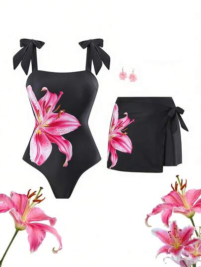 Swim Oasis 1pc Women's Black Bowknot & Floral Asymmetrical Skirt One-Piece Swimsuit, Fashion Casual Resort Wear, Suitable For Spring, Summer, Autumn, Winter