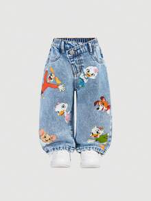 SHEIN 女婴新款浅蓝色可爱动物纹牛仔裤，百搭休闲 - 淺色水洗藍 - 查看 1