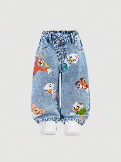 SHEIN Baby Girl New Arrival Light Blue Cute Animal Print Denim Jeans, Versatile And Casual