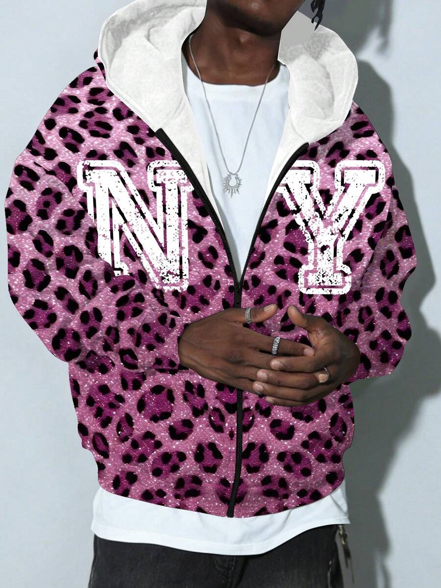 Manfinity Men's Casual Fashionable Street Leopard Print Letter Zip-Up Thermal Lined Hoodie Sweatshirt, Autumn/Winter - Multicolor - View 1
