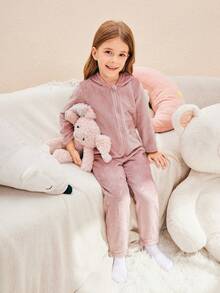 年轻女孩简约时尚粉色恐龙毛绒长袖连帽连体裤舒适保暖家居服 - 粉色 - 查看 3