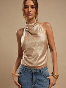 SHEIN BAE Women's Solid Color Gold Plunging Neck Backless Halter Tank Top, Sexy & Elegant Camisole - Gold - View 7