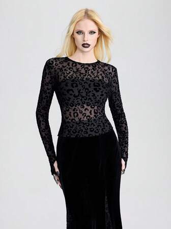 Breakform Women's Gothic Dark Style Flocked Mesh Leopard Print Round Neck Long Sleeve Fitted Sexy Top, Suitable For Daily Outings And Festivals