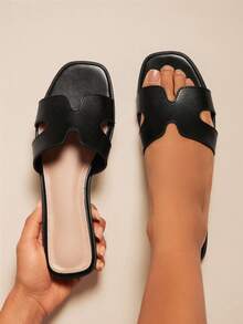 SHUZIA Alltime Bestseller Women's Smooth Faux Leather Harness Cut-Out Open Toe Soft-Cushion Classic Black Slide Sandals – Minimalist, Elegant & Versatile For Christmas Valentine's Day - Black - View 2