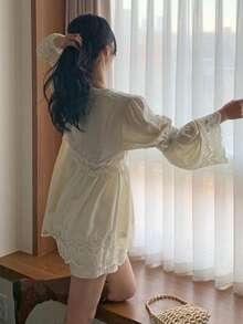 DAZY Women's V-Neck Lace Patchwork A-Line Smock Blouse, Vacation Style Long Sleeve - Apricot - View 5