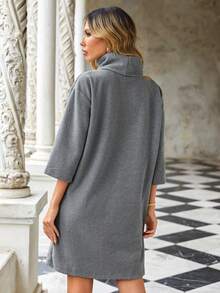 EURMUSE 素色高領落肩T恤連衣裙 - 灰色 - 查看 2
