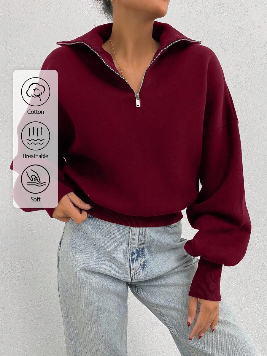 SHEIN Tall 100% Cotton Collar With Zipper Pattern Oversize Sweatshirt, Tall Women - Burgundy - View 1