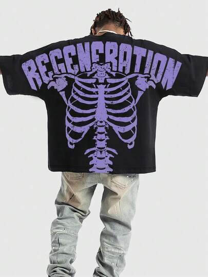 ROMWE MEN Street Life Spring/Summer Casual Graphic Men'S Casual Skull & Letter Print Short Sleeve T-Shirt, Summer