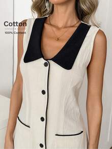 Easowa Sleeveless Lapel Open Front Apricot 100% Cotton Women's Mini Dress, Spring/Summer  Summer Dress  Summer Holiday Outfits Spring Dress Women Spring Break Outfits Valentines Day Dress  Beach Dress  Wedding Guest Dress For Women Summer Holiday Outfits Vacation Outfits Women - Apricot - View 6