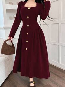 Feyla 法式复古方领灯芯绒长袖连衣裙，初秋流行款式 - 酒紅色 - 查看 2
