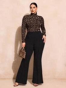 SHEIN SXY Plus Size Women Leopard Print Turtleneck Fitted T-Shirt, Casual & Minimalist, Spring/Autumn Cheetah Top Turtle Neck Animal Spring Fall - Multicolor - View 4
