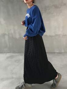 FRIFUL 女士休闲度假通勤纯色纹理面料半身裙 - 黑色 - 查看 5