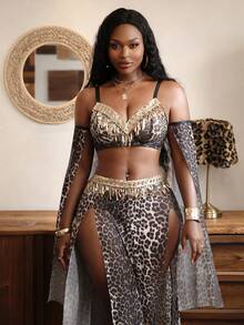 5 st Plus Size Leopardmönstrade Lingerieset med Paljetter och Tofsar för Dam - Multifärgad - Visa 4