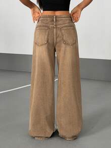 SHEIN PETITE Quần jeans nữ ống rộng cạp thấp, kiểu dáng thường ngày, đã qua xử lý giặt. - màu nâu - Xem 2