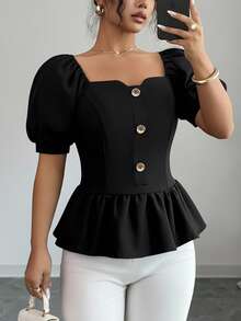 Selianne Blusa de mujer de unicolor con mangas cortas abultadas, con botones y volantes en el bajo, de moda - Negro - Ver 1