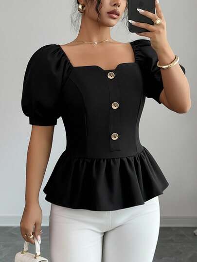 Selianne Women's Solid Color Short Puff Sleeve Buttoned Ruffle Hem Fashionable Blouse