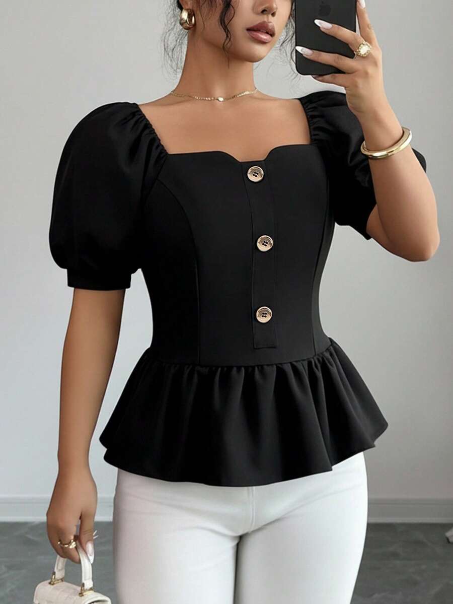 Selianne Blusa de mujer de unicolor con mangas cortas abultadas, con botones y volantes en el bajo, de moda - Negro - Ver 1