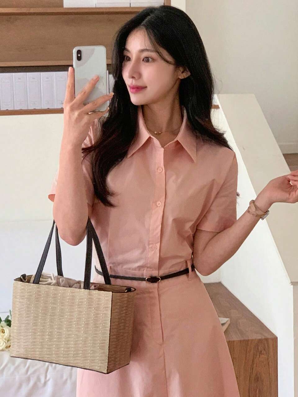 Women's Collared Waist Cinched A-Line Midi Dress Without Belt, Pink Lightweight Commuting Sundress
