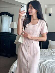 DAZY Women's Square Neck Bodycon Midi Dress - Pink - View 1