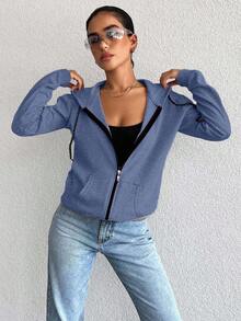 Áo hoodie dài tay 100% cotton thường ngày, dây rút, khóa kéo - Màu xanh hải quân - Xem 5