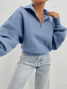 EURMUSE Sudadera oversize de 100% algodón con cuello con cremallera y estampado - Celeste - Ver 3