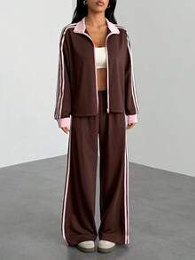 SHEIN PETITE Women's Contrast Stripe Jacket And Pants 2 Pieces Set Brown 2 Pieces Set Tracksuit Women Set 2 Pieces Lounge Sets Woman,Cozy Fall And Winter Clothes For Women - Brown - View 8