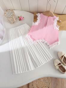 SHEIN Baby Girl Casual Vacation Cute Pink 3D Floral Asymmetric Hem Loose Tank Top And Elastic Waist Pleated Wide Leg Pants Set - Pink - View 2