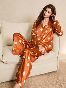 Bộ đồ ngủ nữ in chấm bi cỡ tiêu chuẩn, gồm áo tay dài có cổ và quần dài, đủ thoải mái để mặc ngoài trời. - màu nâu - Xem 6