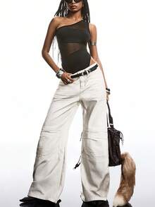 LYSMO Women Fashion Solid Color See-Through Asymmetrical Neck Bodysuit - Black - View 7