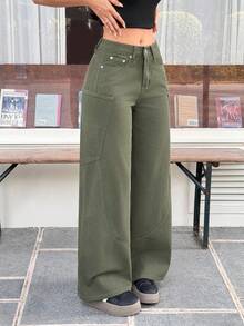 Rivivi Women's Casual Everyday Commute Fashion Street Loose Wide-Leg Jeans - Army Green - View 3