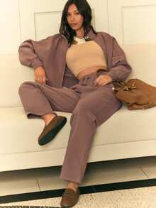 GLOWMODE Everyday Fleece Warmth Whisperer Soft Warm Lightweight Front Back Seam Detailing Pockets Batwing Sleeve High Neckline Full-Zip Jacket Autumn Winter Daily Casual - Warm Clay - View 6