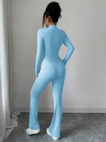 Gloray Women's Tight-Fitting Zip-Up Cropped Jacket With Mandarin Collar And Flared Pants 2 Pieces Set - Teal Blue - View 2