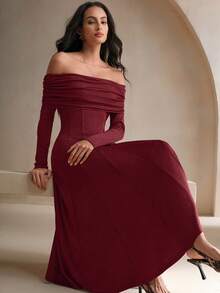 Anewsta Off-Shoulder Long Sleeve Cinched Waist A-Line Long Dress, Formal Occasion Maxi Women Outfit - Burgundy - View 5