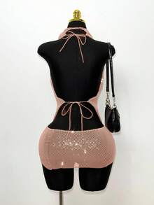 EgrlEra Women's Deep V Neck Sequin Fishnet Dress, Rhinestone Embellished Sparkling, Suitable For Bar Party, Carnival, Club Outfit Rhinestone Clothes Glitter Top Sequins Clothing Women Glitter Outfit Women Glittery Top - Dusty Pink - View 2