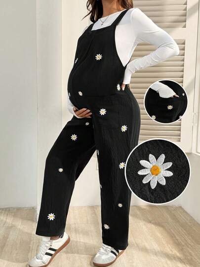SHEIN Pregnant Women's Autumn Daisy Embroidered Pocket Casual Wide Leg Jumpsuit Casual Outfits