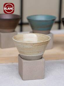 1套100ml创意复古陶瓷意式咖啡杯粗陶茶杯日式拿铁拉花瓷杯家用带底座粗陶个性新款陶杯学校用品返校 - 米色 - 查看 4