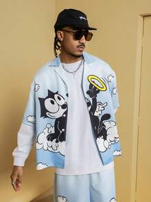 Felix The Cat X SHEIN Men's Casual Gradient Cat Print Short Sleeve Shirt And Shorts Set, Summer - Baby Blue - View 4