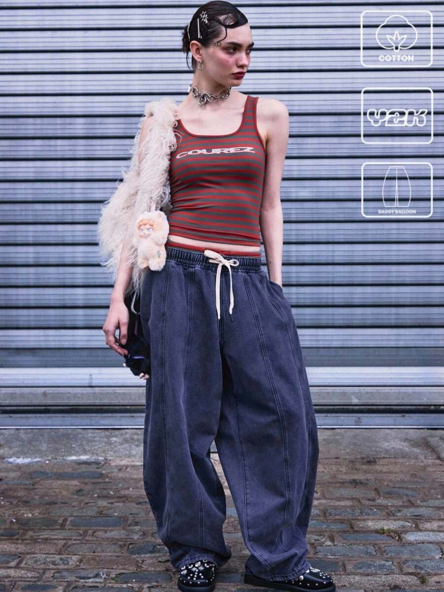 COUREZ 宽松灯笼裤，松紧腰带，炭灰色水洗，Y2K 复古棉质 - 黑色 - 查看 1