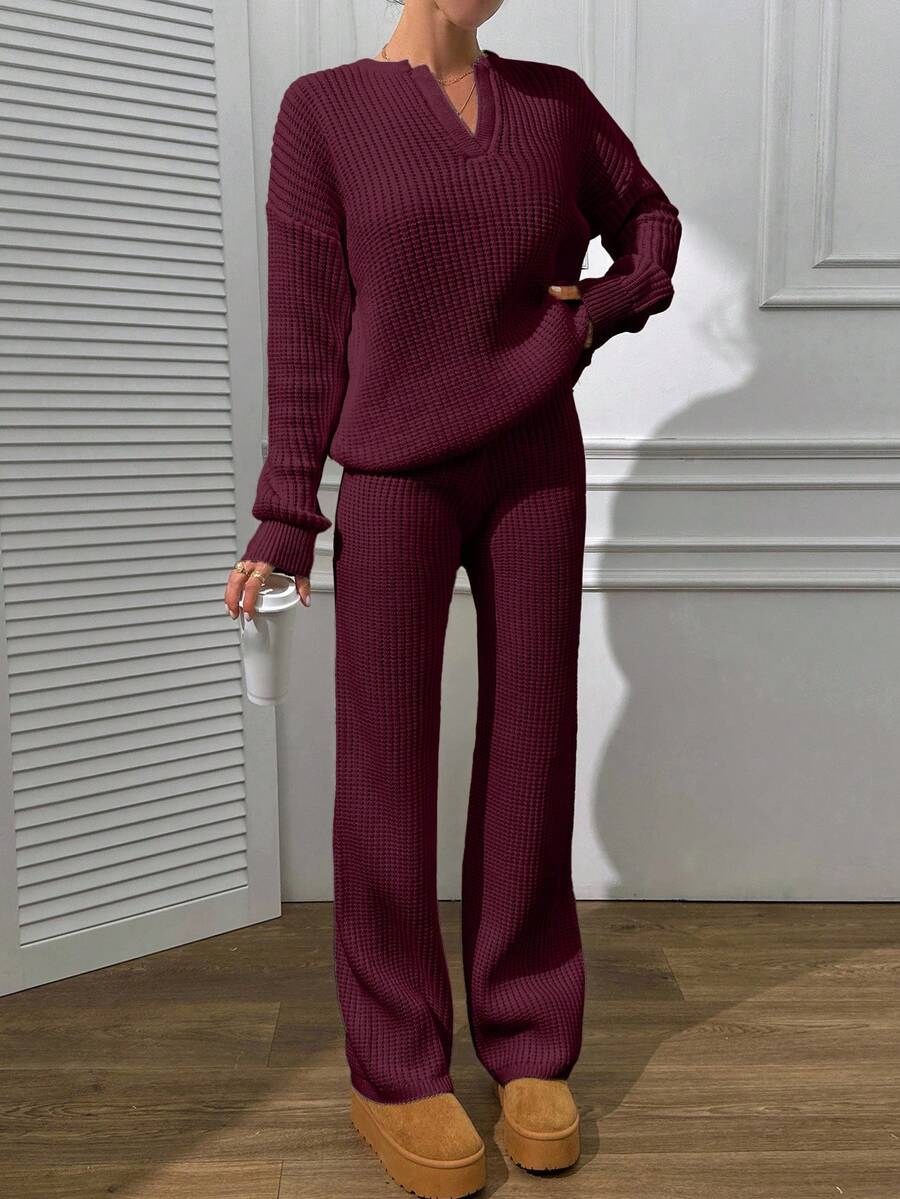 EURMUSE V Neck Sweater And Pant Casual Elegant - Burgundy - View 1