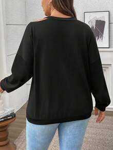 EMERY ROSE Áo nỉ rộng hở vai cổ chữ V trang trí ngọc trai thanh lịch cho nữ cỡ lớn - màu đen - Xem 2