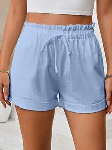 Breezaya Quần short ống rộng, màu trơn, cạp chun, dây rút, có túi và gấu. - Màu xanh nhạt - Xem 3