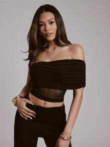 Hauture Top con hombros de malla elástica y plisados, sexy - Negro - Ver 3